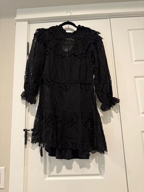 FARM Rio Black Eyelet & Lace Tiered Mini Dress